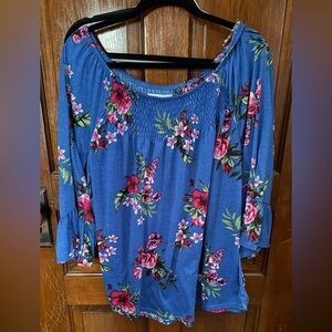 New York Laundry Floral Top 2X Plus Size Royal Blue Long Sleeve Flowy EUC